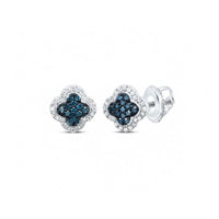 The 1/5CTW Blue Diamond Clover Earrings feature P1 clarity blue diamonds surrounded by clear stones, set in 10k gold with secure screw-back closures.