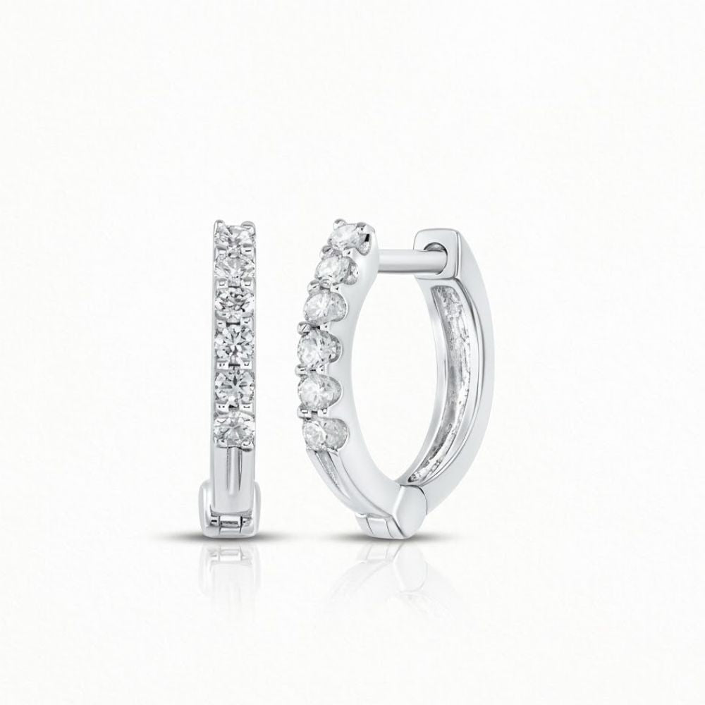 A pair of 10k Gold Round Diamond Hoop Earrings, each featuring a row of sparkling diamonds on the front, is displayed—one shown from the front and one from the side—set against a plain white background.