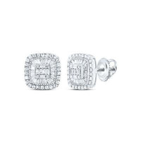 10K Gold Diamond Earrings | 5/8 CTW Cushion & Baguette feature double halo settings and screw-back closures, shown on a white background.