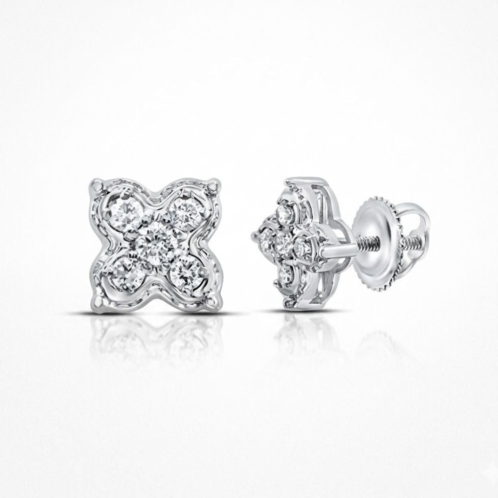Close-up of 1/6CTW Natural Diamond Clover Earrings in 10K gold, each with four round diamonds in a floral design and screw-back posts, shown against a white background.