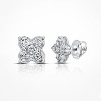 Close-up of 1/6CTW Natural Diamond Clover Earrings in 10K gold, each with four round diamonds in a floral design and screw-back posts, shown against a white background.