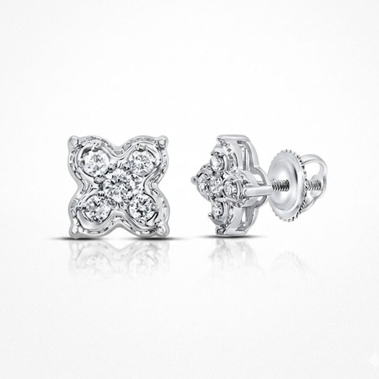 Close-up of 1/6CTW Natural Diamond Clover Earrings in 10K gold, each with four round diamonds in a floral design and screw-back posts, shown against a white background.