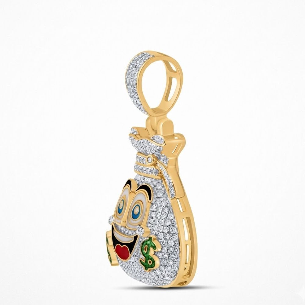 The 10K Gold Diamond Money Bag Men’s Charm 1/2CTW features natural diamonds and a cartoon face with wide eyes, a smile, red tongue, and green dollar sign—an eye-catching pendant for men.