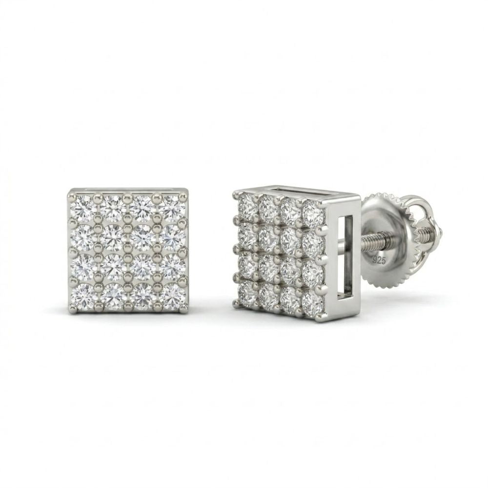 Sterling Silver Diamond Square Earrings 1/6 Cttw feature multiple small diamonds in a grid pattern and secure screw-back closures, shown from front and side views.
