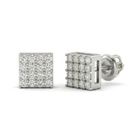 Sterling Silver Diamond Square Earrings 1/6 Cttw feature multiple small diamonds in a grid pattern and secure screw-back closures, shown from front and side views.