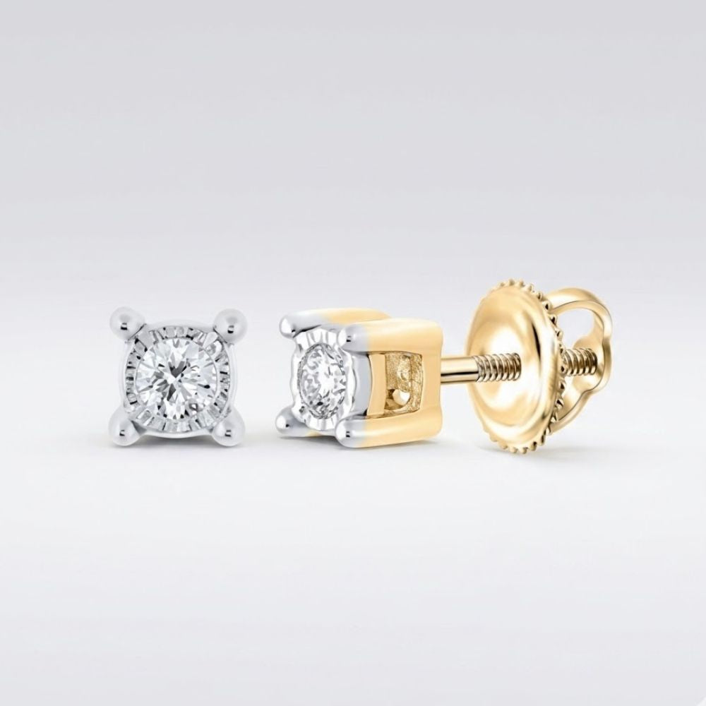 The 10K Gold Round Diamond Stud Earrings 1/10 CTTW feature round diamonds set in yellow and white gold with secure screw-back fastenings, elegantly displayed against a light gray background.