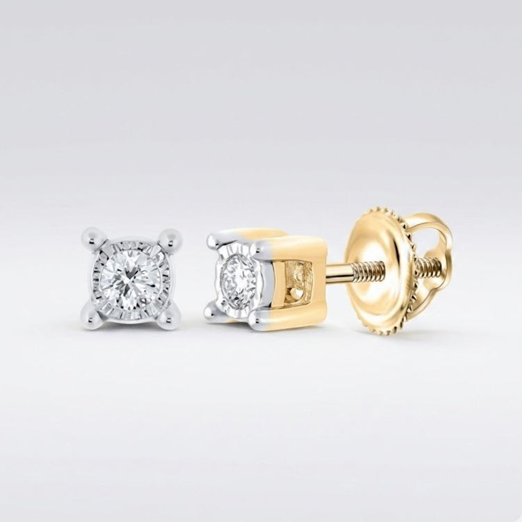 The 10K Gold Round Diamond Stud Earrings 1/10 CTTW feature round diamonds set in yellow and white gold with secure screw-back fastenings, elegantly displayed against a light gray background.