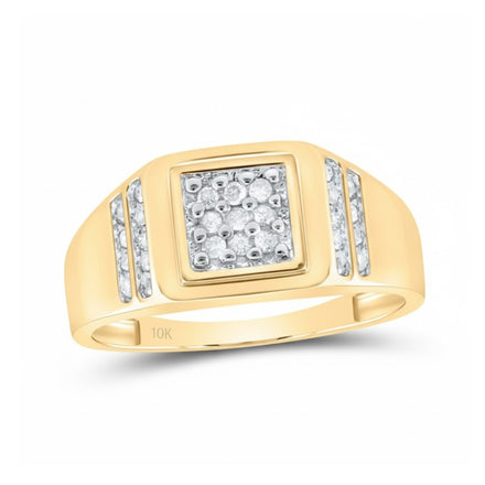 Introducing the 14k Gold Diamond Square Cluster Ring 1/4 Cttw, showcasing a square cluster of round white diamonds at the center, complemented by three vertical diamond rows on each side and elegantly set in yellow gold.