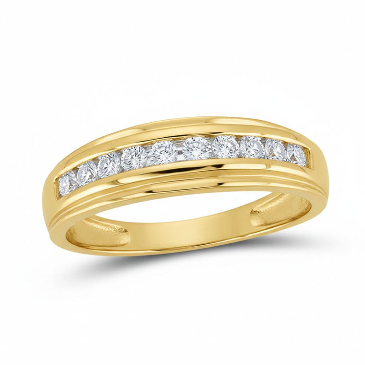 The 10k Yellow Gold Diamond Channel-Set Wedding Band 1/5 Ctw features sparkling diamonds in a classic channel setting.