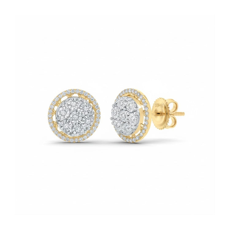 The 1/3CTW Natural Round Diamond Earring in 10k Gold features a central cluster of natural diamonds with a double halo, set in secure screw-back posts.