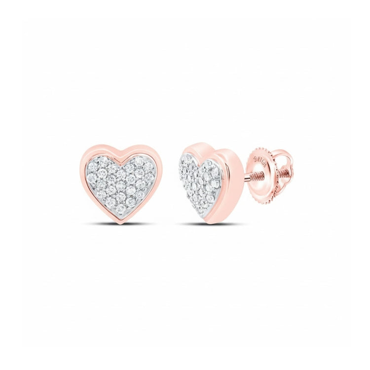 The 1/8CT Diamond Heart Earrings in 10K Gold feature sparkling pavé-set stones and rose gold borders, displayed from front and side angles on a white background.