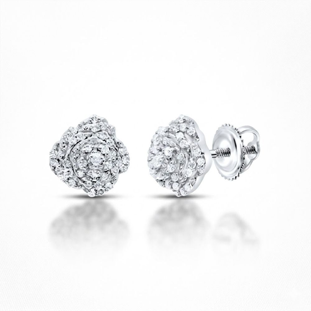 1/5CTW Natural Diamond Rose Earrings in 10K Gold feature a floral design with multiple small diamonds and secure screw-back closures, presented on a white background.