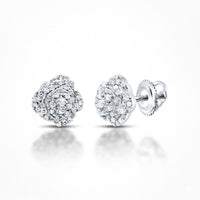 1/5CTW Natural Diamond Rose Earrings in 10K Gold feature a floral design with multiple small diamonds and secure screw-back closures, presented on a white background.