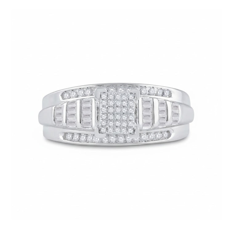 The Sterling Silver Diamond Cluster Bridal Engagement Ring features a central rectangular cluster of round diamonds, accented with baguette-cut stones and sparkling rounds along the band—an elegant bridal choice.