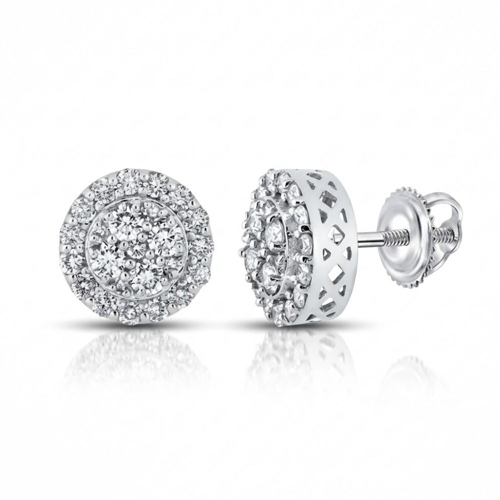 The 14k Gold Diamond Cluster Earrings 7/8 Cttw feature round clusters of multiple small diamonds set in white gold with a screw-back closure and an elegant lattice design visible from the side.