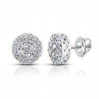 The 14k Gold Diamond Cluster Earrings 7/8 Cttw feature round clusters of multiple small diamonds set in white gold with a screw-back closure and an elegant lattice design visible from the side.
