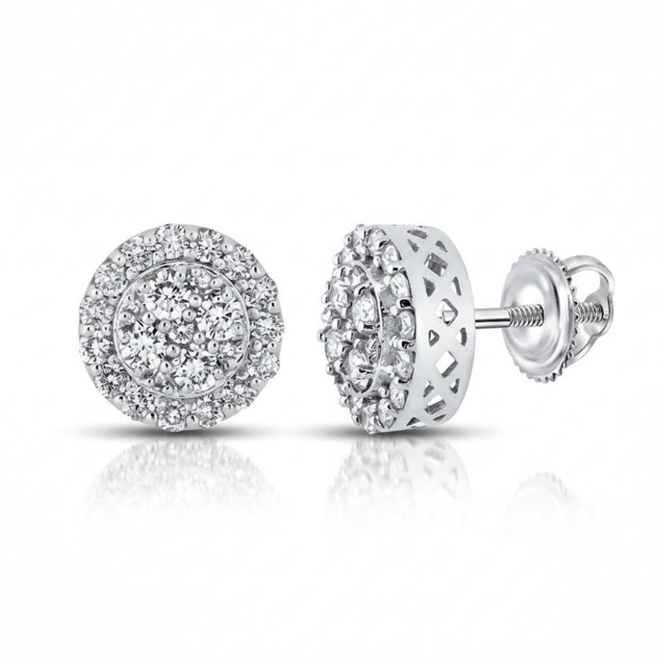 The 14k Gold Diamond Cluster Earrings 7/8 Cttw feature round clusters of multiple small diamonds set in white gold with a screw-back closure and an elegant lattice design visible from the side.