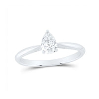The 1/2CT Pear Diamond Solitaire Ring in 14k Gold, showcasing a single natural diamond on a slender gold band, is elegantly displayed against a white background.