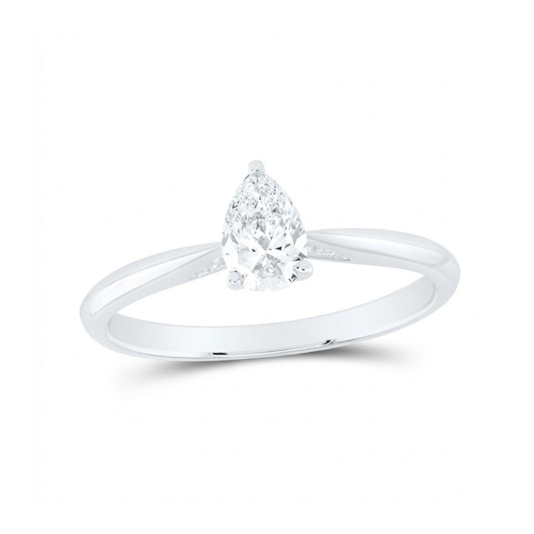 The 1/2CT Pear Diamond Solitaire Ring in 14k Gold, showcasing a single natural diamond on a slender gold band, is elegantly displayed against a white background.