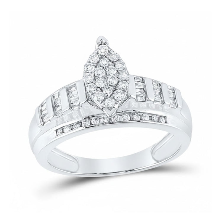 The 10k Gold Oval Diamond Cluster Bridal Ring 1/2 Cttw features a cluster of sparkling diamonds at the center and additional diamonds set along the band in two parallel rows.