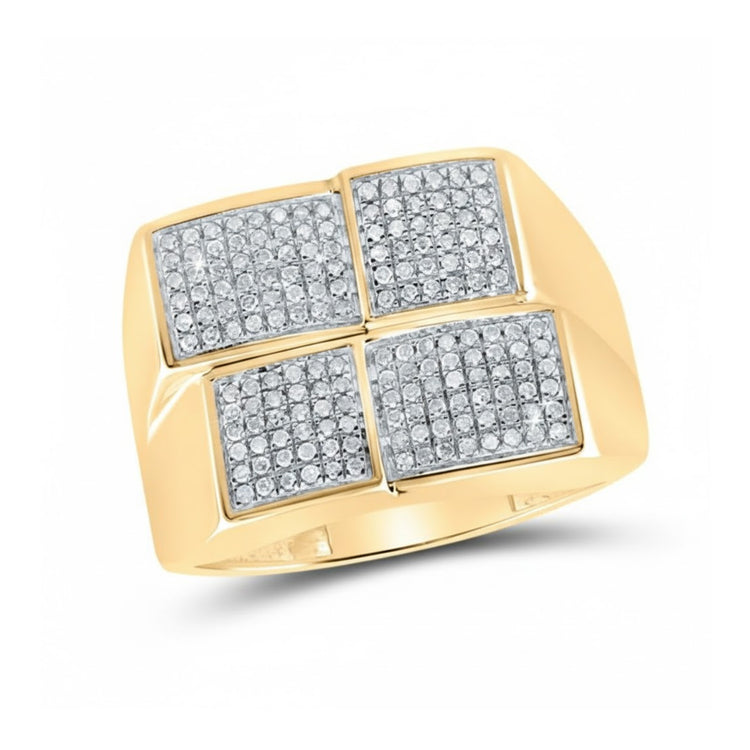 The 10k Yellow Gold Diamond Square Ring 1/2 Cttw features a bold wide band and rectangular top, showcasing four grid-patterned sections with sparkling diamonds for a striking men's statement piece.