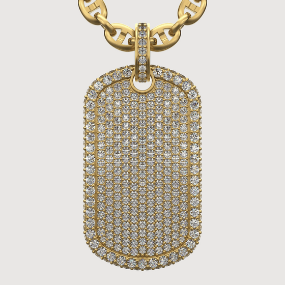 Luxurious 2.87 CTW diamond dog tag pendant in 14K gold, showcasing intricate detailing and dazzling shine.