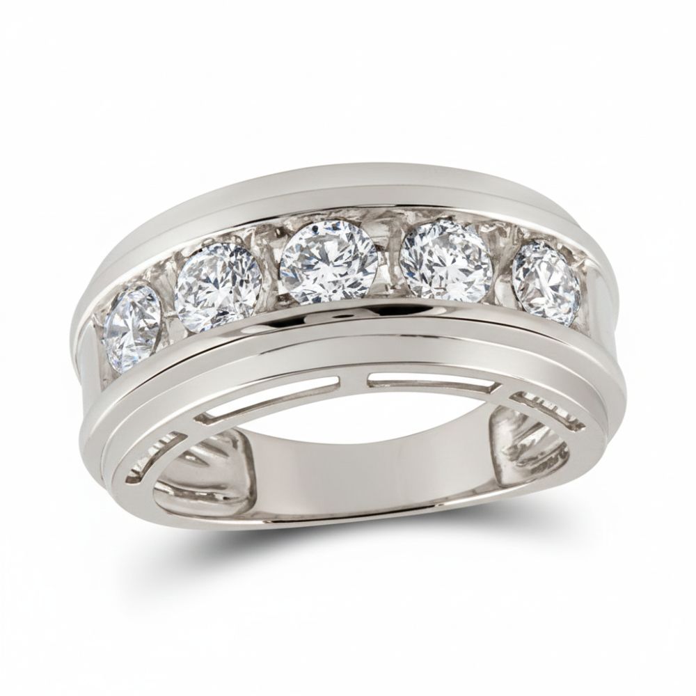 The 14k Gold 5-Stone Diamond Wedding Band – 2 Cttw features five round diamonds set flush in a wide band of white or silver 14k gold, creating a sparkling and elegant look against a white background.