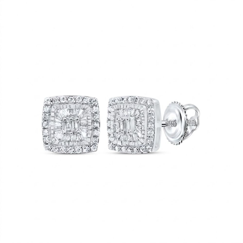 The 1/3CTW Natural Diamond Cushion Earrings feature a cluster of baguette and round diamonds in 10K gold, finished with secure screw-back closures.