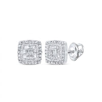 The 1/3CTW Natural Diamond Cushion Earrings feature a cluster of baguette and round diamonds in 10K gold, finished with secure screw-back closures.