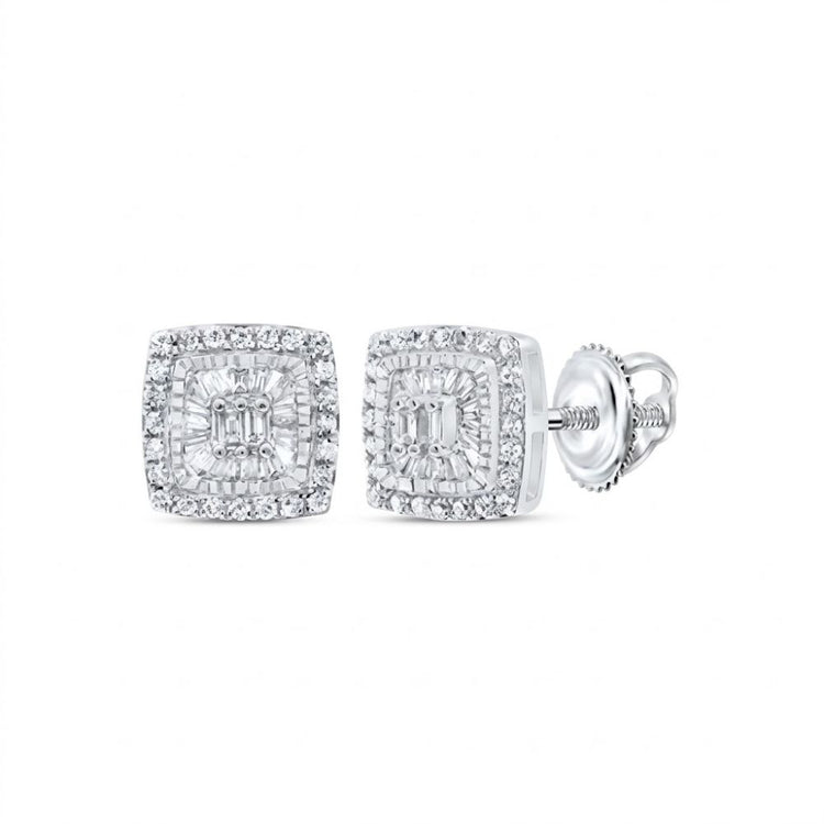 The 1/3CTW Natural Diamond Cushion Earrings feature a cluster of baguette and round diamonds in 10K gold, finished with secure screw-back closures.