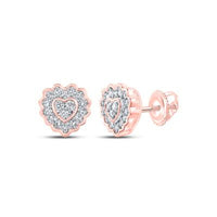 10K Gold Diamond Heart Earrings 1/6 Cttw with scalloped edges, each featuring a central diamond heart surrounded by sparkling stones, displayed on a white background.
