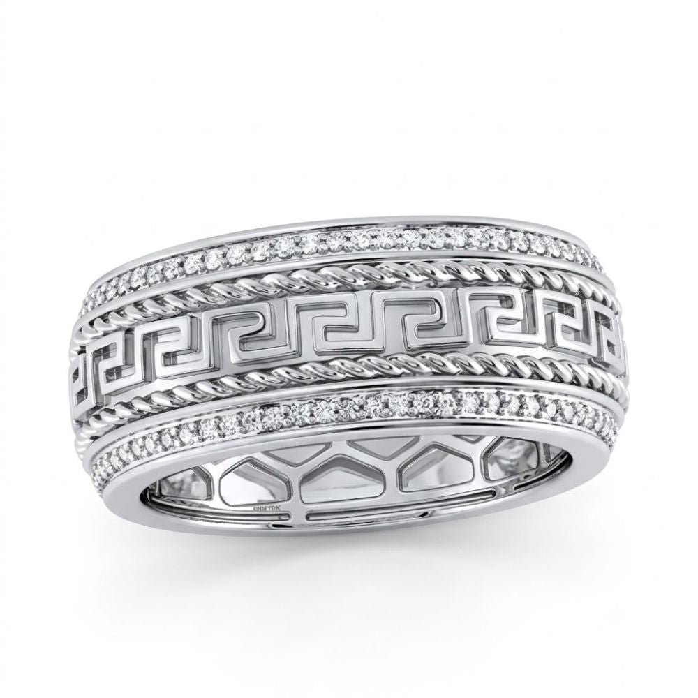 The 1/2CTW Natural Diamond Mens Band in 14K gold features a bold Greek key design, twisted rope borders, and rows of sparkling natural diamonds along the top and bottom edges.