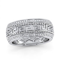 The 1/2CTW Natural Diamond Mens Band in 14K gold features a bold Greek key design, twisted rope borders, and rows of sparkling natural diamonds along the top and bottom edges.