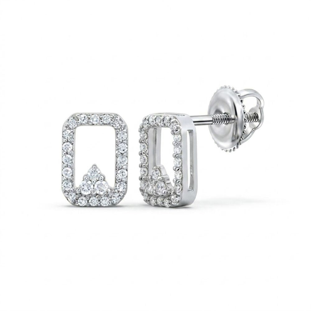1/6CTW Natural Diamond Earrings in 10K gold feature rectangular white metal studs outlined with sparkling stones and a triangle of diamonds at the base—a timeless, elegant design seen from both front and side.