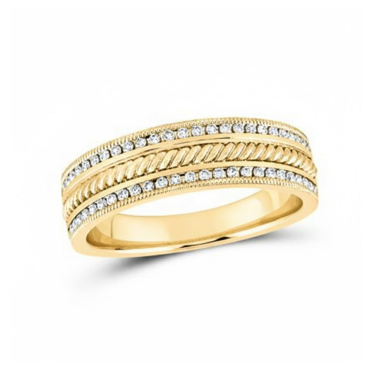 The 14K Yellow Gold Diamond Rope Inlay Band 1/3 Cttw features two rows of small diamonds and a twisted rope design at the center, beautifully showcased against a white background.