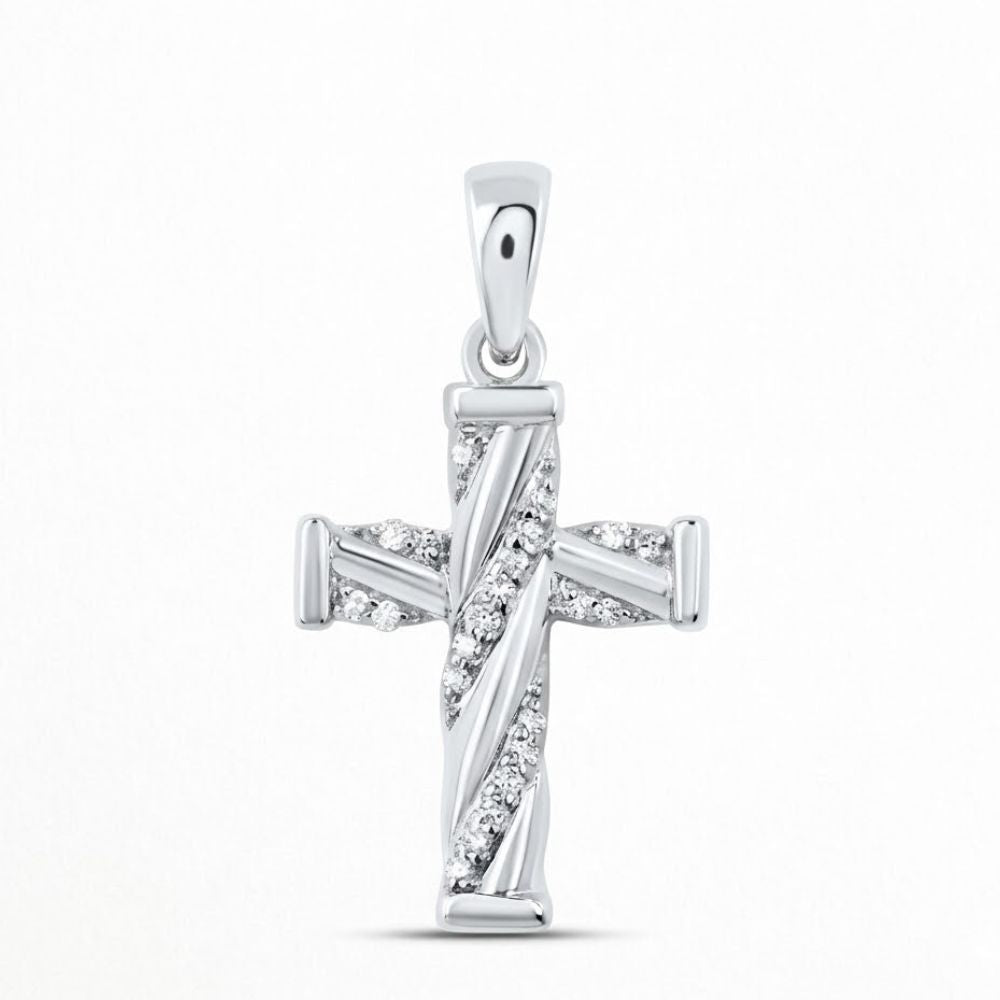 The 1/20 CTW Diamond Cross Pendant in 10K Gold features sparkling diagonal rows of natural diamonds, standing out beautifully against a plain white background.