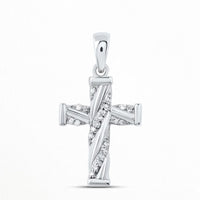 The 1/20 CTW Diamond Cross Pendant in 10K Gold features sparkling diagonal rows of natural diamonds, standing out beautifully against a plain white background.