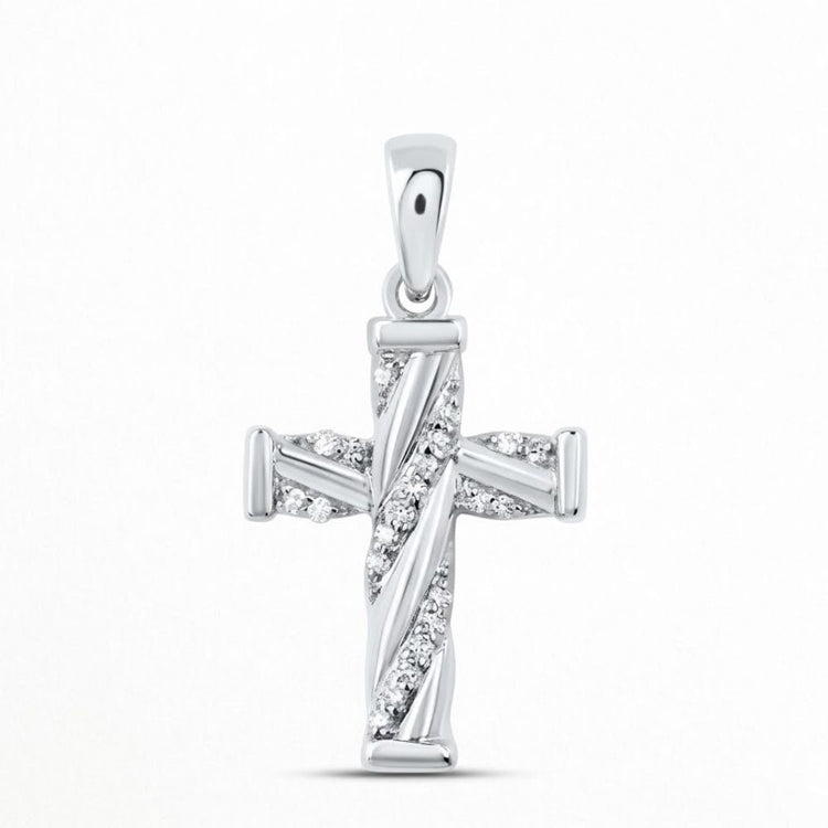 The 1/20 CTW Diamond Cross Pendant in 10K Gold features sparkling diagonal rows of natural diamonds, standing out beautifully against a plain white background.