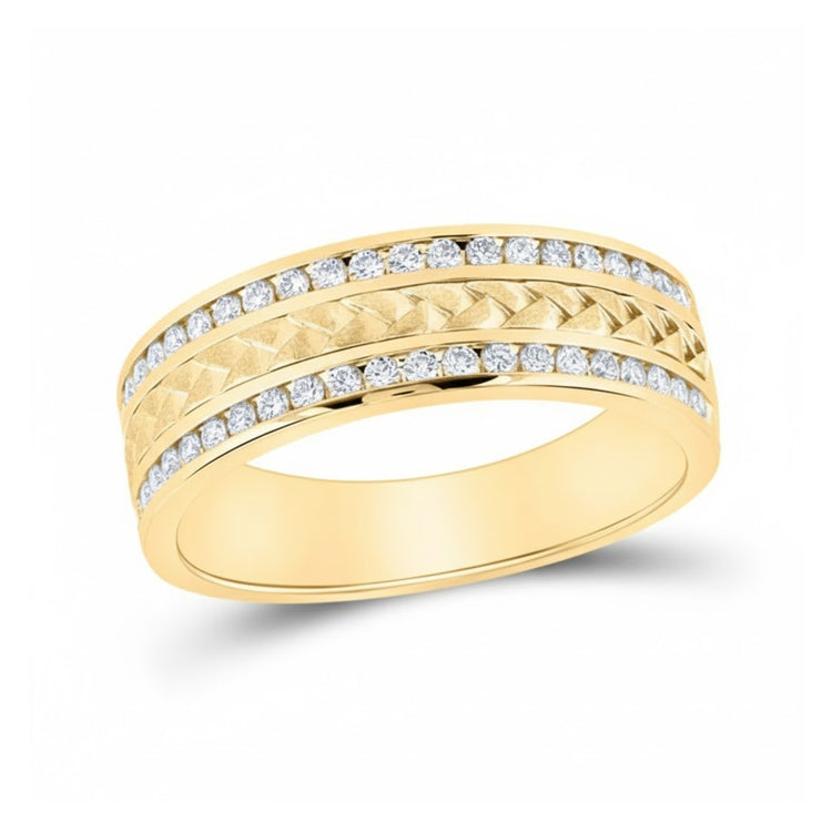 The 14k Gold Diamond Braided Wedding Band Ring 1/2 Cttw features two rows of round diamonds along the edges and a textured, engraved center band, displayed on a white background.
