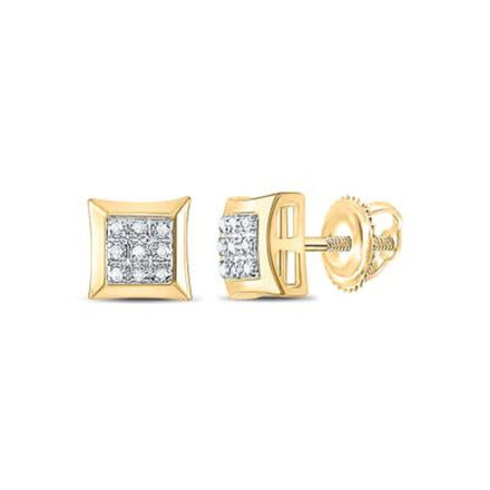The 10K Gold Diamond Square Earrings 1/20 CTTW feature pavé-set round diamonds at the center and have secure screw-back closures, shown from both the front and side views.