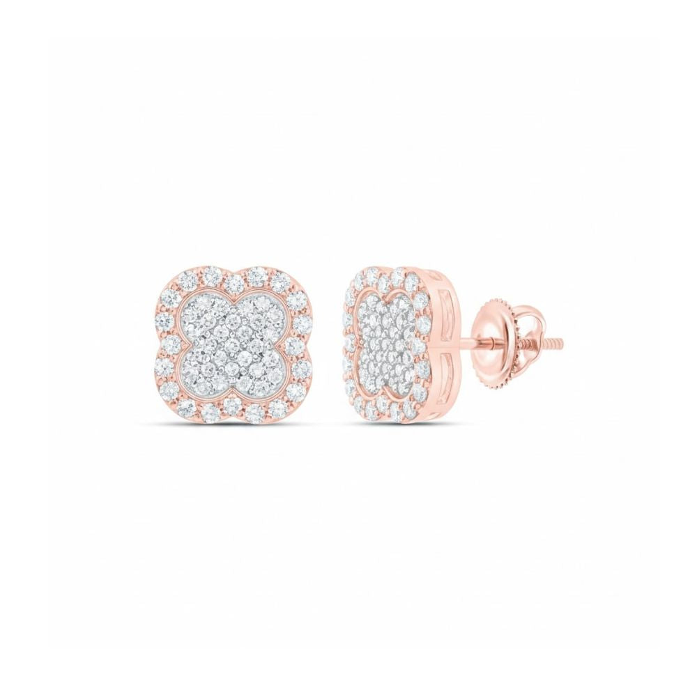 1/3 CTW Natural Diamond Clover Earrings in 10k rose gold, featuring a clover-shaped design with round diamonds, are exquisite Fine Jewelry pieces shown from the front and side on a white background.
