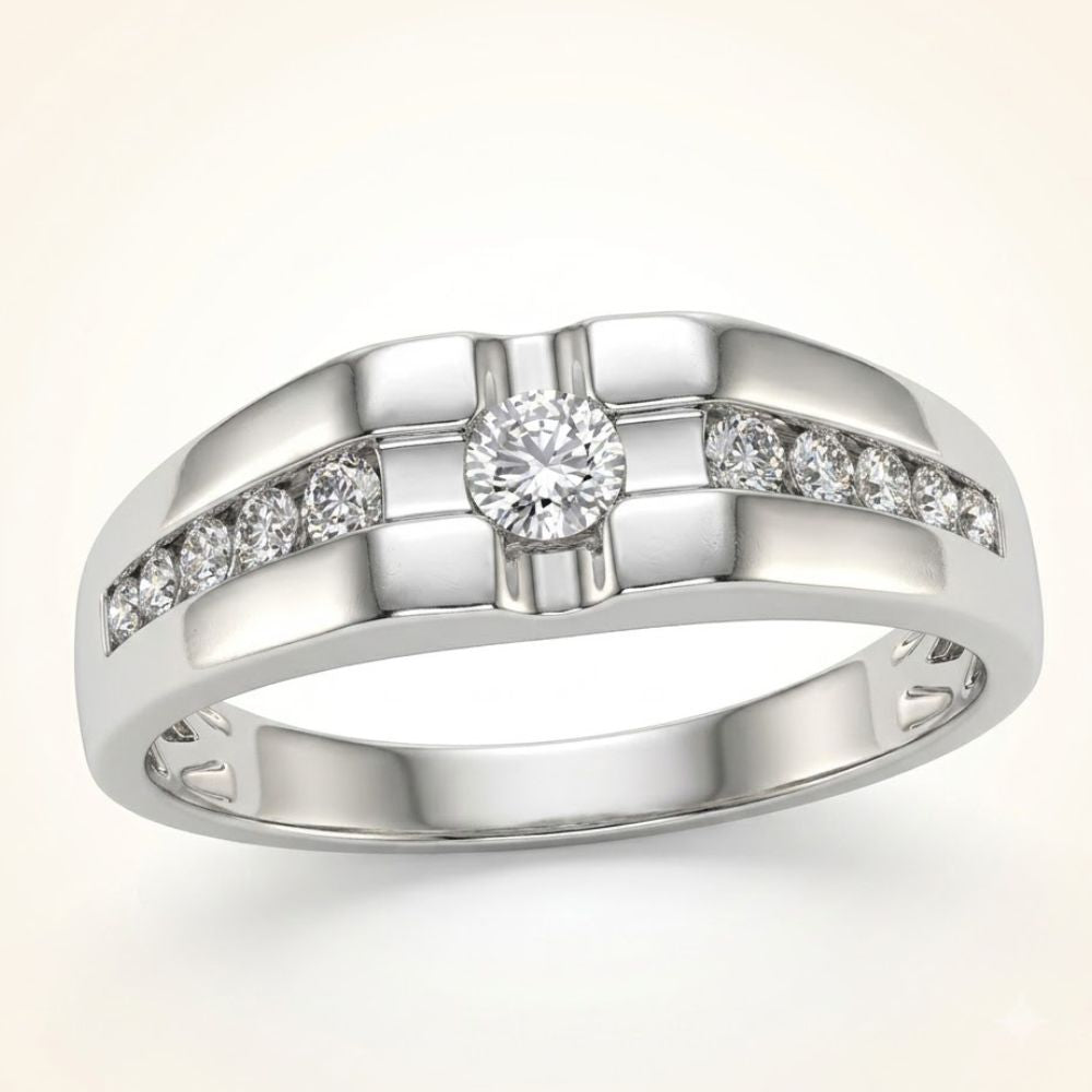The 10K Gold Round Diamond Solitaire Band Ring 1/2 Cttw features a central round diamond with two rows of smaller diamonds set into the gold band, beautifully displayed on a light background.