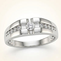 The 10K Gold Round Diamond Solitaire Band Ring 1/2 Cttw features a central round diamond with two rows of smaller diamonds set into the gold band, beautifully displayed on a light background.