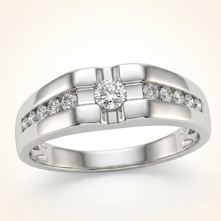The 10K Gold Round Diamond Solitaire Band Ring 1/2 Cttw features a central round diamond with two rows of smaller diamonds set into the gold band, beautifully displayed on a light background.
