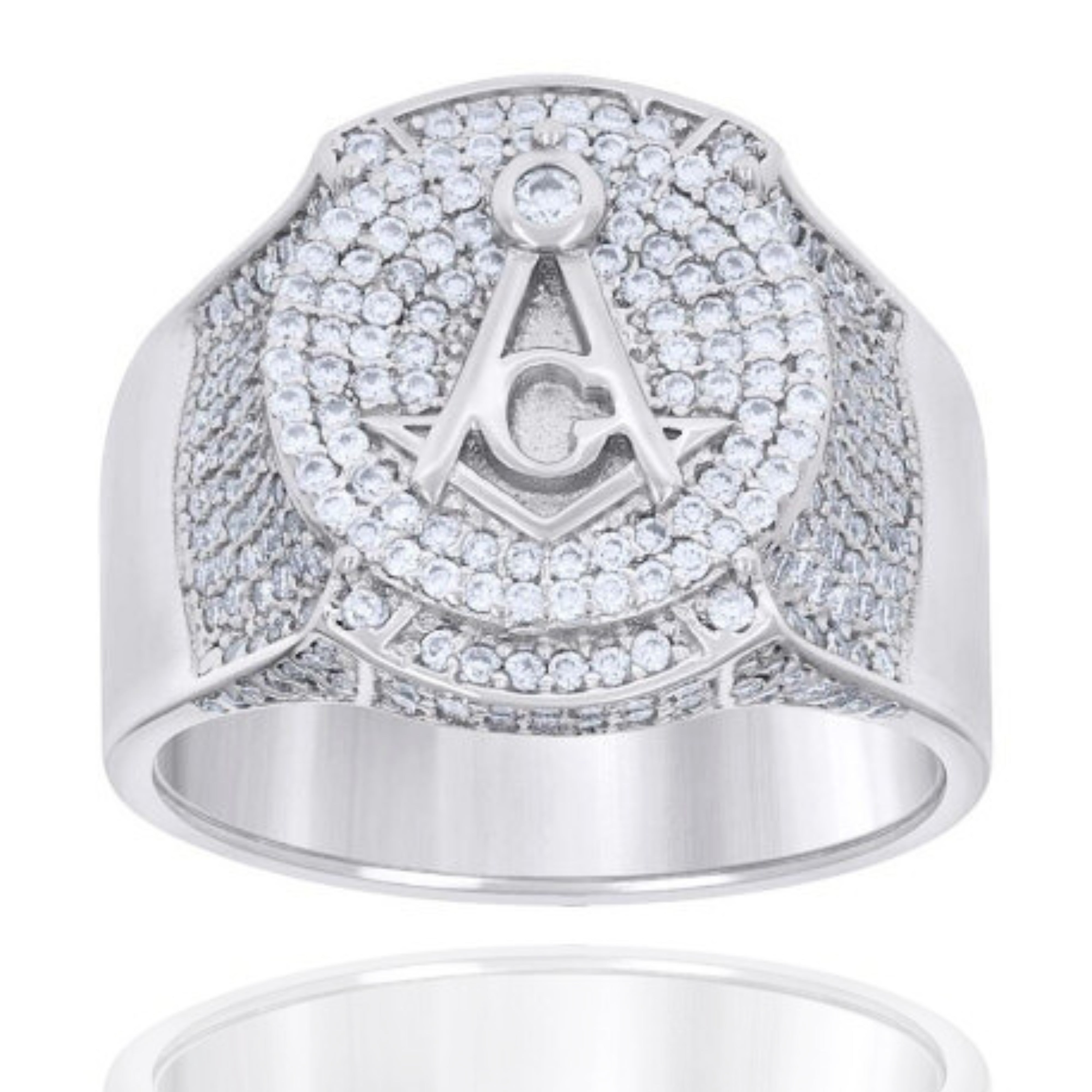 The Sterling Silver Moissanite Masonic Ring for Men showcases a bold square and compass symbol on its face, accented with sparkling clear moissanite stones.