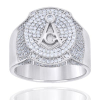 The Sterling Silver Moissanite Masonic Ring for Men showcases a bold square and compass symbol on its face, accented with sparkling clear moissanite stones.