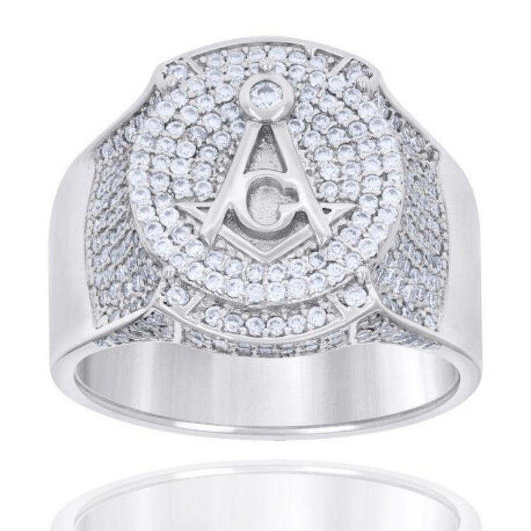 The Sterling Silver Moissanite Masonic Ring for Men showcases a bold square and compass symbol on its face, accented with sparkling clear moissanite stones.