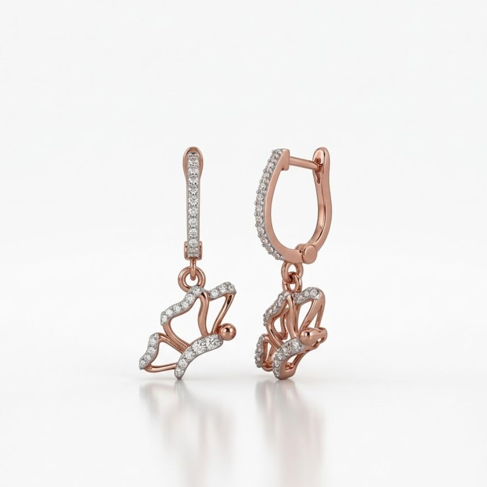 10k Gold Diamond Butterfly Dangle Earrings 1/4 Cttw feature butterfly-shaped designs with sparkling diamonds and extra gems along the hooks, displayed on a white background.