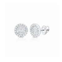 The 1/3CTW Round Baguette Diamond Earrings in 10K Gold feature a central cluster of baguette diamonds, a halo of round diamonds, and secure screw-back posts.