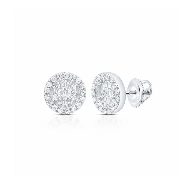 The 1/3CTW Round Baguette Diamond Earrings in 10K Gold feature a central cluster of baguette diamonds, a halo of round diamonds, and secure screw-back posts.